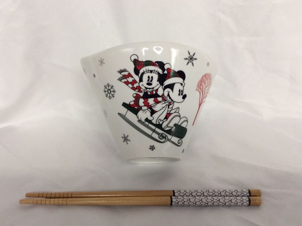 Disney Mickey & Minnie Mouse Christmas Holiday Ramen Bowl Chopsticks Sled Winter
